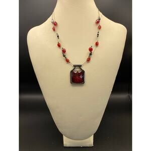 Red Crackle Square Pendant Necklace Double Wire Strand Black Accent Beads